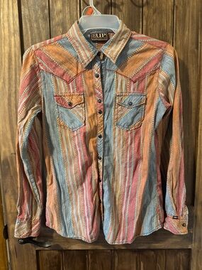 Vintage-Style Striped Western Shirt - Multi-Color Cowgirl Up Size Medium
